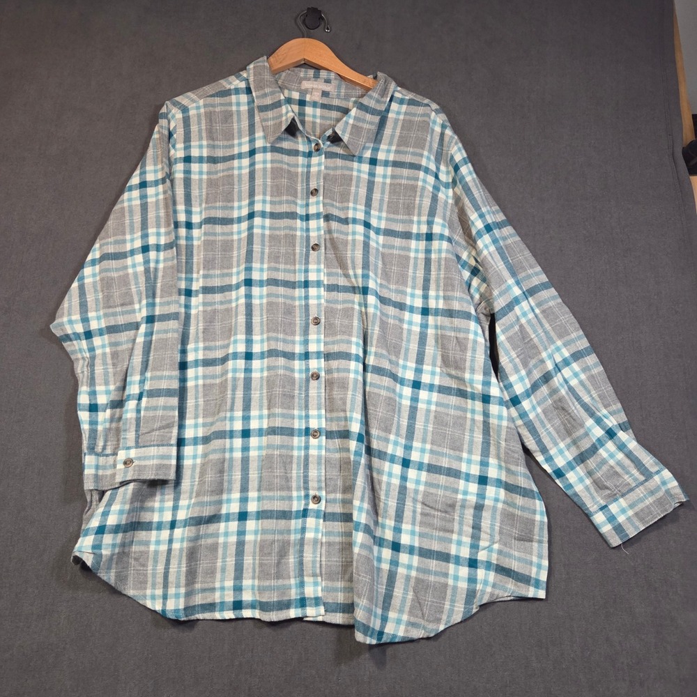 Woman Within Flannel Shirt Womens 2X Grey Teal Plaid Button Down 100% Cotton